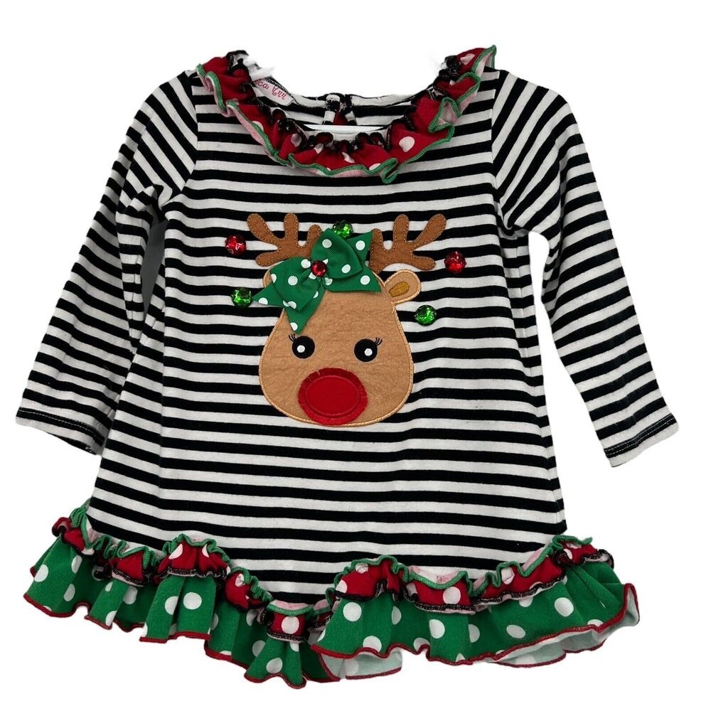 Jessica Ann Girls Christmas Reindeer Ruffle Rhinestones Embroidered Dress 2T